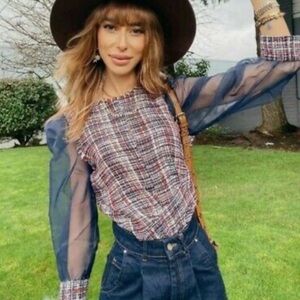 Zara Tweed Blue Red Organza Blouse Top